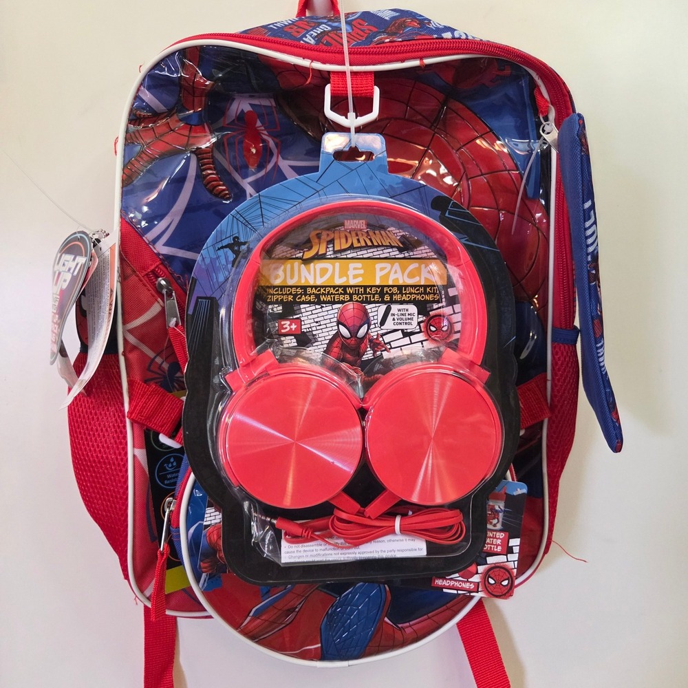 Marvel Spider-Man 6pc Bundle Pack Light Up Backpack Lunch Kit Headphones New